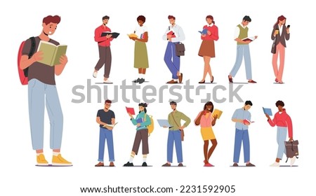Set of Reading People, Male and Female Characters Reading Books. Young Multiracial Diverse Men and Women Read Textbooks, Students Prepare to Exam, Enjoying Hobby. Cartoon Vector Illustration Royalty-Free Stock Photo #2231592905