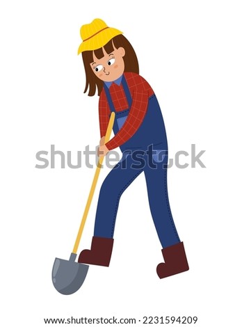 Girl digging with a shovel in cartoon style. Cute farming girl isolated element. Ecology concept. Vector illustration
