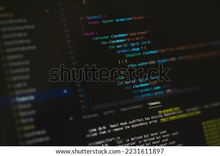Programming language on black screen background, Javascript React code