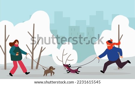 Walk Your Dog Month. People walk their dogs. flat style. vector illustration.