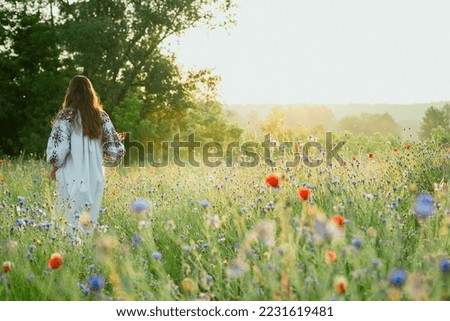Woman walks in cornflower meadow scenic photography. Field in bloom. Picture of lady with beautiful nature on background. High quality wallpaper. Photo concept for ads, travel blog, magazine, article