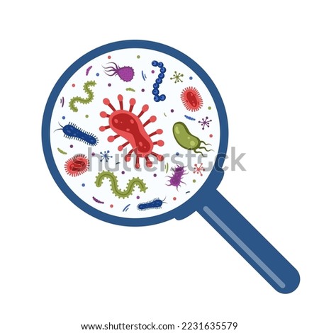 Different bacteria, pathogenic microorganisms under a magnifying glass. Bacteria and germ, microorganisms disease-causing, bacteria, bacteria, viruses, fungi, protozoa, probiotic Vector illustration Royalty-Free Stock Photo #2231635579