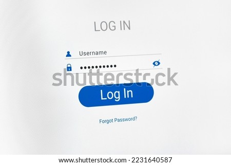 Verification window, username and password fields, password characters in the form of dots, text forgot password. Photo of a computer screen, selective focus.