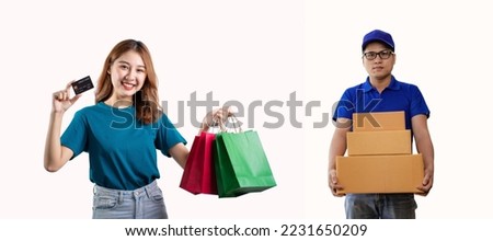Delivery concept, image of Asian delivery man in blue dress holding box and young woman holding credit card and shopping bag
Asian man holding mailbox isolated on white background