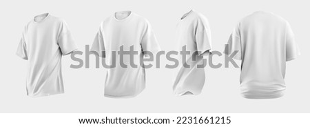 Set Mockup of a white oversized t-shirt 3D rendering, with a round neck, universal clothing for women, men, isolated on background. Template of fashion clothes for branding, place for design Royalty-Free Stock Photo #2231661215