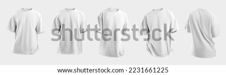 Set Mockup of a white oversized t-shirt 3D rendering, with a round neck, universal clothing for women, men, isolated on background. Template of fashion clothes for branding, place for design Royalty-Free Stock Photo #2231661225