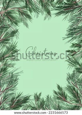 Winter background with fir branches. Spruce branches painted in watercolor. Background of Christmas tree branches
