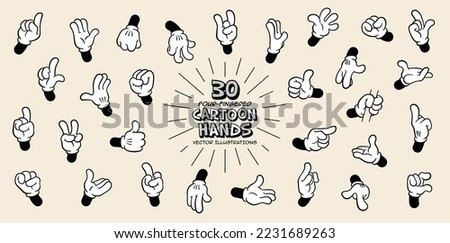 Set of Thirty Different Retro Four-Fingered Cartoon Hands. Isolated Vector EPS10 Illustrations. Royalty-Free Stock Photo #2231689263