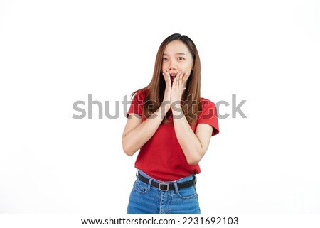 Wow, surprise, Pretty Asian people wearing red t-shirt for a woman isolated on white background.