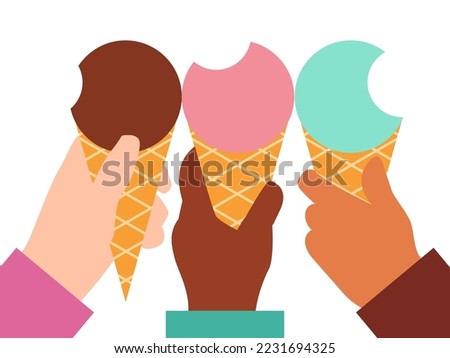 Eating ice cream together. Hands of  various ethnicities holding ice creams of different colors. Vector.