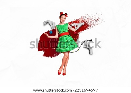 Creative photo 3d collage postcard poster brochure of young beautiful lady wear green dress holiday event isolated on painting background