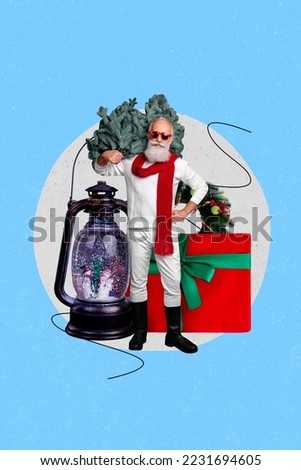 Collage 3d image of pinup pop retro sketch of cool santa claus holding xmas pine fir isolated painting background