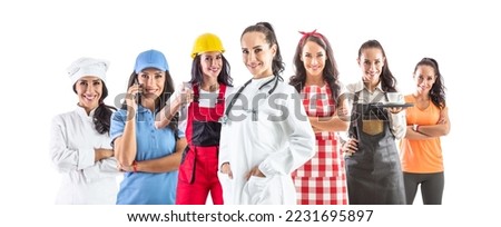 One beautiful woman in several occupations, doctor, worker, cook, waiter, trainer, cleaner and courier on white isolated background. The concept of job positions and employment. Royalty-Free Stock Photo #2231695897