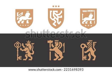 Lion logo mark icon set. Royal brand identity symbol design collection. Heraldic animal crown shield emblems. Vector illustration. Royalty-Free Stock Photo #2231698393