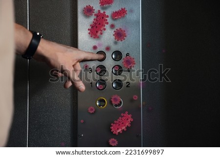 Man press button in elevator with germs, closeup Royalty-Free Stock Photo #2231699897