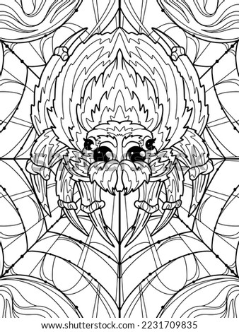 Fluffy spider on the web. Children coloring book. Freehand sketch for adult antistress coloring page with doodle and zentangle elements.