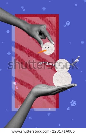 Vertical collage of two black white colors hands hold make miniature snowman painted flying snowflakes isolated on creative background