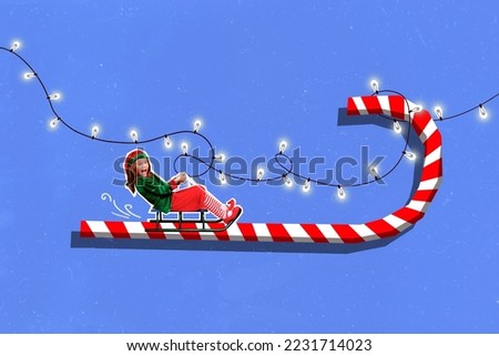 Creative collage portrait of excited funky mini girl elf costume sledding big candy cane stick decoration lights isolated on painted background