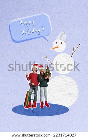Vertical collage picture of two excited funky kids hold mini decorated tree sledge big snowman congratulate new year