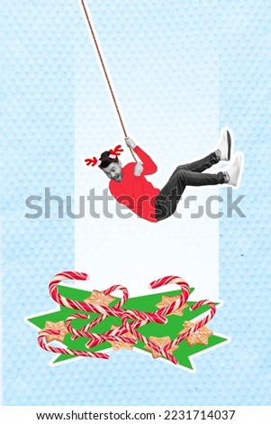Collage picture postcard man wear red drawing sweater celebrate new year holidays hang air crazy want more candies isolated on blue background