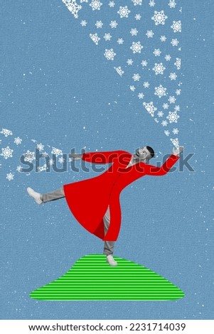 Collage photo of young excited funky guy wear red santa claus coat raise hands make snowing weather hands look up isolated on blue color background