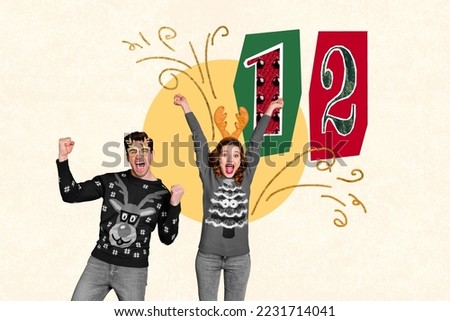 Collage picture of two excited delighted people black white gamma raise fists 12 oclock midnight spirit time isolated on painted background