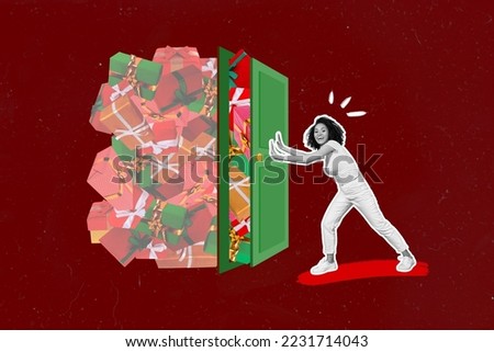 Collage picture of excited black white effect girl hold close doors huge pile stack festive giftbox isolated on creative background