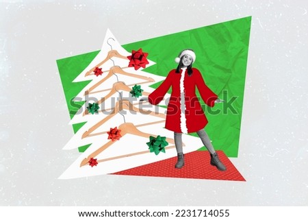 Creative collage picture of positive funky mini girl hangers make silhouette festive tree isolated on drawing background