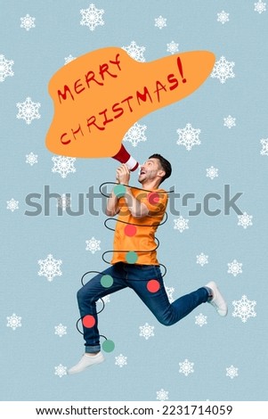 Creative photo 3d collage postcard poster brochure picture of man congratulating people christmas event isolated on painting background