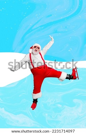 Collage photo poster invitation ice rink promo sale shopping fat cool saint nicholas wear rollerblades isolated on blue frozen color background