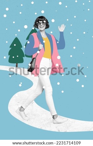 Creative photo 3d collage postcard poster picture brochure of young girl walking outdoors hand waving hello isolated on painting background