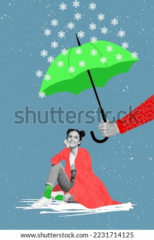 Collage photo of young satisfied mini woman wear red painted coat under holding big umbrella protect snow weather isolated on blue background