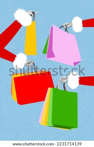 Creative photo 3d collage postcard poster brochure picture of people preparing holiday bought many gifts isolated on painting background
