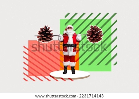 Collage photo picture of old age pensioner saint nicholas wear sunglass big gym barbell with xmas tree cone isolated on painted green red background