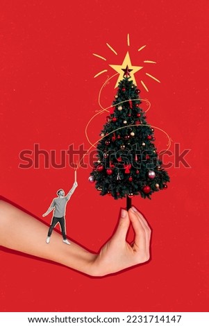 Collage photo picture banner big fir xmas tree festive much decorations painted doodle line magic stick mini guy isolated on red color background