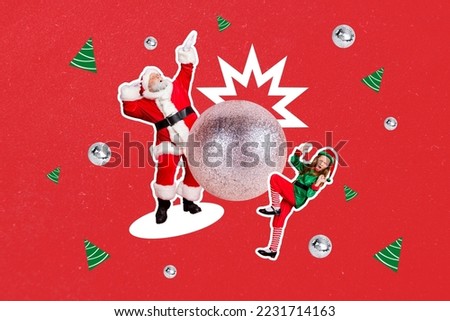 Creative collage picture of excited santa claus elf assistant have fun dancing big bauble disco ball toy isolated on red background