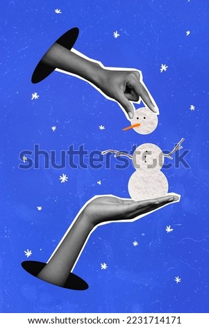 Vertical abstract collage image of two black white effect arms hold make mini snow man drawing snowflakes isolated on blue background