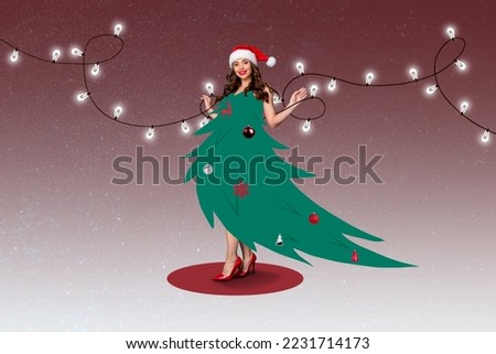 Creative collage picture of gorgeous girl drawing newyear tree decorated dress garland lights isolated on drawing background