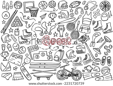Hand drawn sport doodle set on white on background. Sports equipment and training supplies. Vector illustration.