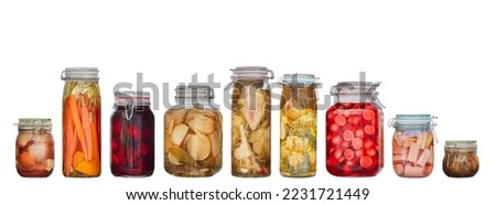 Row of nine glass canning jars with preserved vegetables isolated on a white background