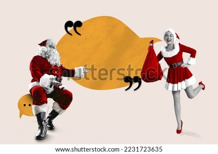 Creative abstract template collage of funny Santa Claus and Slim young woman in red dress white visual effect talking sms empty space isolated beige color background
