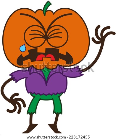 Cute scarecrow with a big orange pumpkin as head, bulging eyes, wearing a purple shirt and green pants, while clenching its eyes, crying and showing a very sad mood