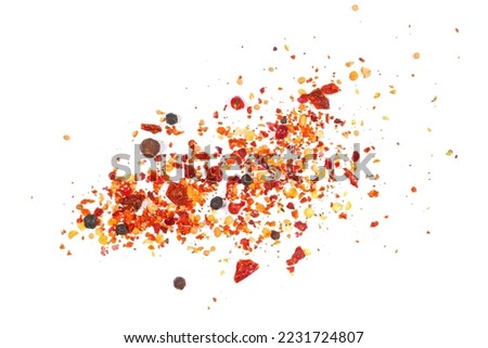 Spicy mixture of spices with chopped lemon peel, chili, peppercorns (black, green and red), mustard seeds, allspice, chopped ginger, isolated on white, top view Royalty-Free Stock Photo #2231724807