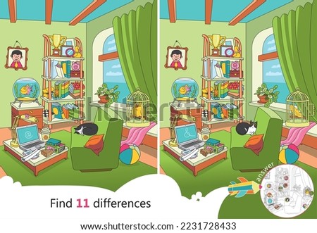 Look carefully at the picture and guess if someone entered the room. Find 11 differences. Educational game for children. Cartoon vector illustration Royalty-Free Stock Photo #2231728433