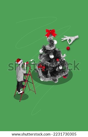 Creative photo 3d collage postcard poster brochure of young man say what to do control decorating pine tree isolated on painting background