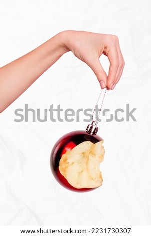 Creative photo 3d collage postcard poster brochure picture greeting card of arm hold ball bitten apple isolated on painting background