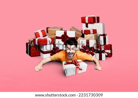 Creative photo 3d collage postcard poster brochure greeting card of positive man lying under lot of gifts isolated on painting background