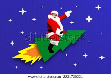 Creative photo 3d collage postcard poster greeting card of positive santa fly pine hurry give presents isolated on painting background