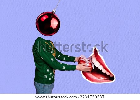 Creative photo 3d collage postcard poster brochure picture of weird person bauble instead head share gift isolated on painting background