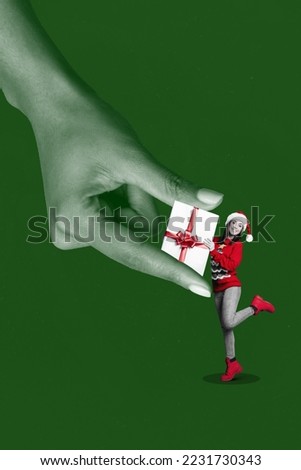 Creative photo 3d collage postcard poster brochure greeting card of big arm give present gift young girl isolated on painting background
